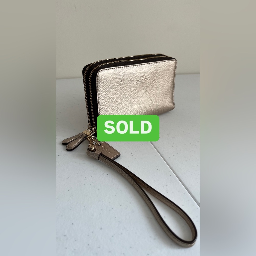 Coach Wristlet, Double Zip Around, Polished Pebble Leather, Metallic Gold